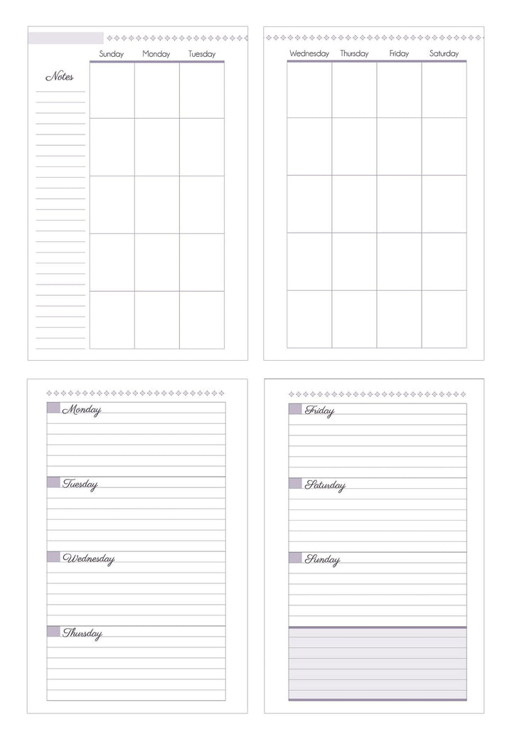 PL-4005E - Weekly Planner - Shine Bright 12 Month Undated Mini - Four printable planner pages with purple accents, featuring weekly layouts, daily breakdowns, and lined notes sections in a minimalist design