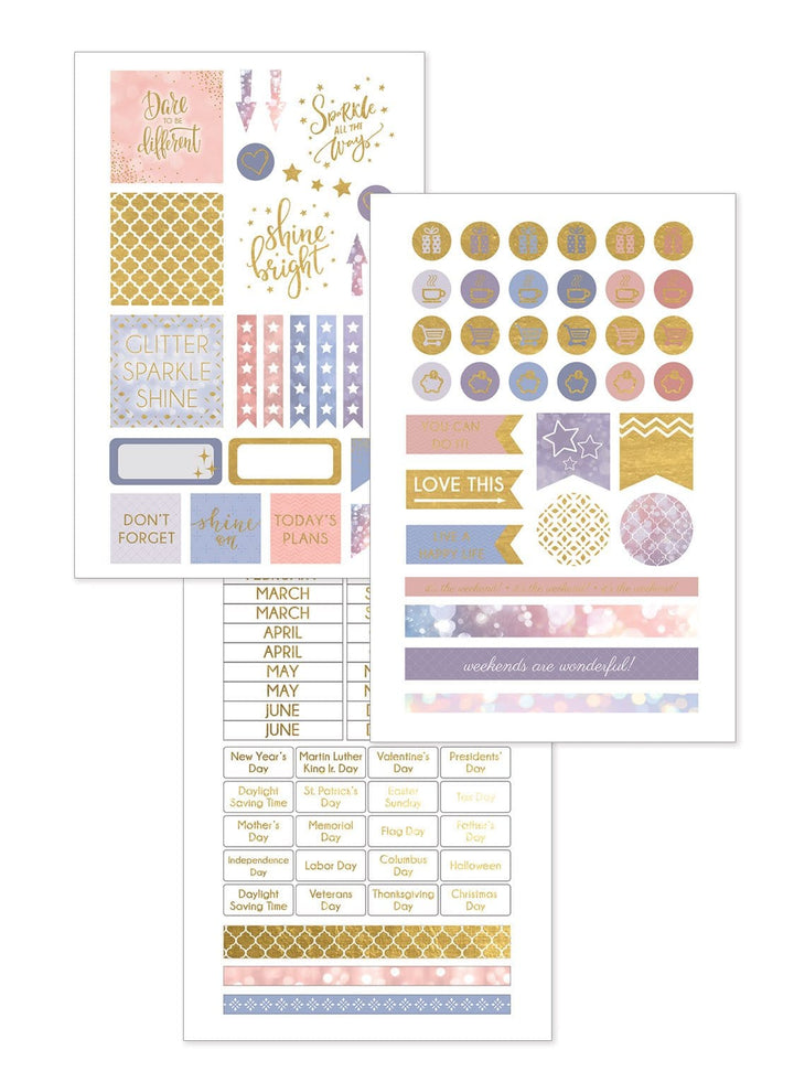 PL-4005E - Weekly Planner - Shine Bright 12 Month Undated Mini - Undated planner sticker sheets featuring gold, pink, and purple designs with motivational text, circular icons, washi tape, and monthly tabs