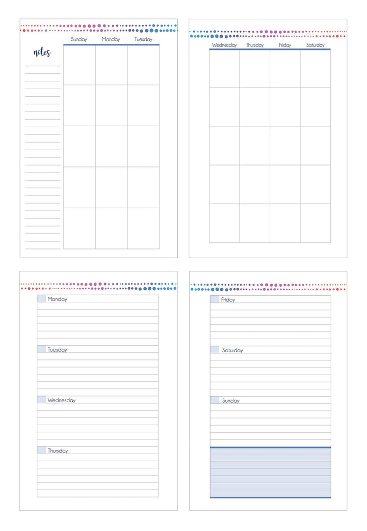 Watercolor mandala weekly planner image showing a monthly spread and a weekly spread.