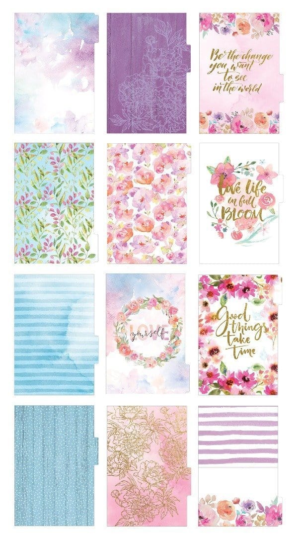 Mini weekly planner image showing twelve dividers featuring colorful florals and patterns.