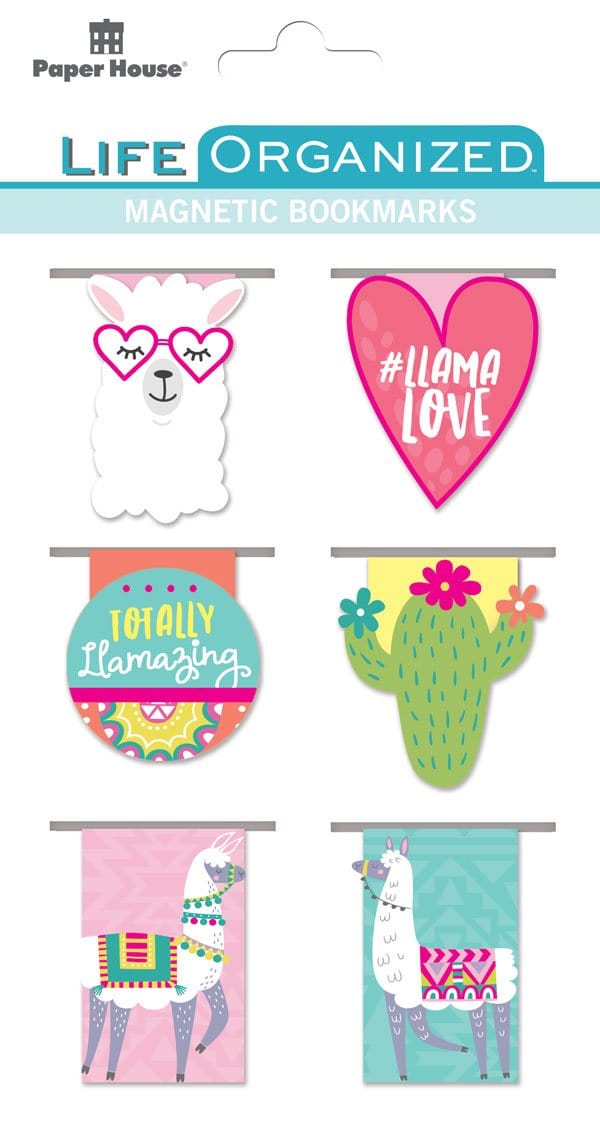 6 magnetic bookmarks featuring die cut, illustrated llamas shown in package.