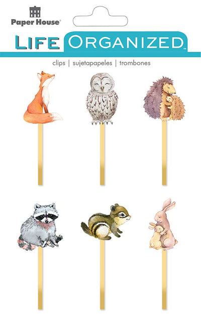 planner bookmark featuring 6 illustrations of woodland animals as epoxy clips, shown in package.