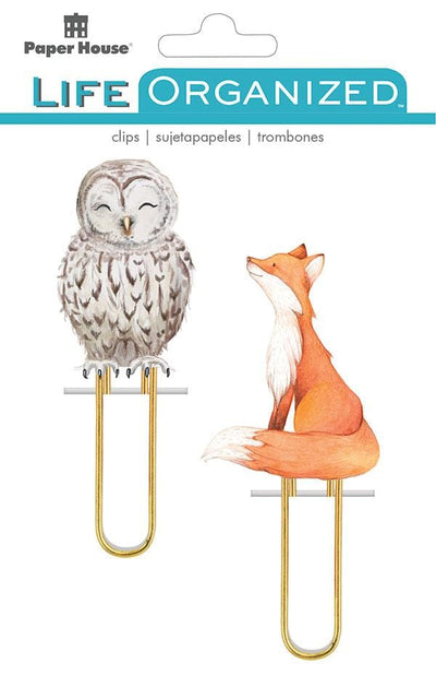 2 puffy clips featuring an illustrated owl and fox with gold clips, shown in package.