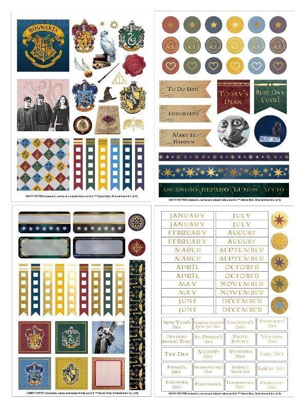 Harry Potter weekly planner set image featuring four colorful sticker sheets.