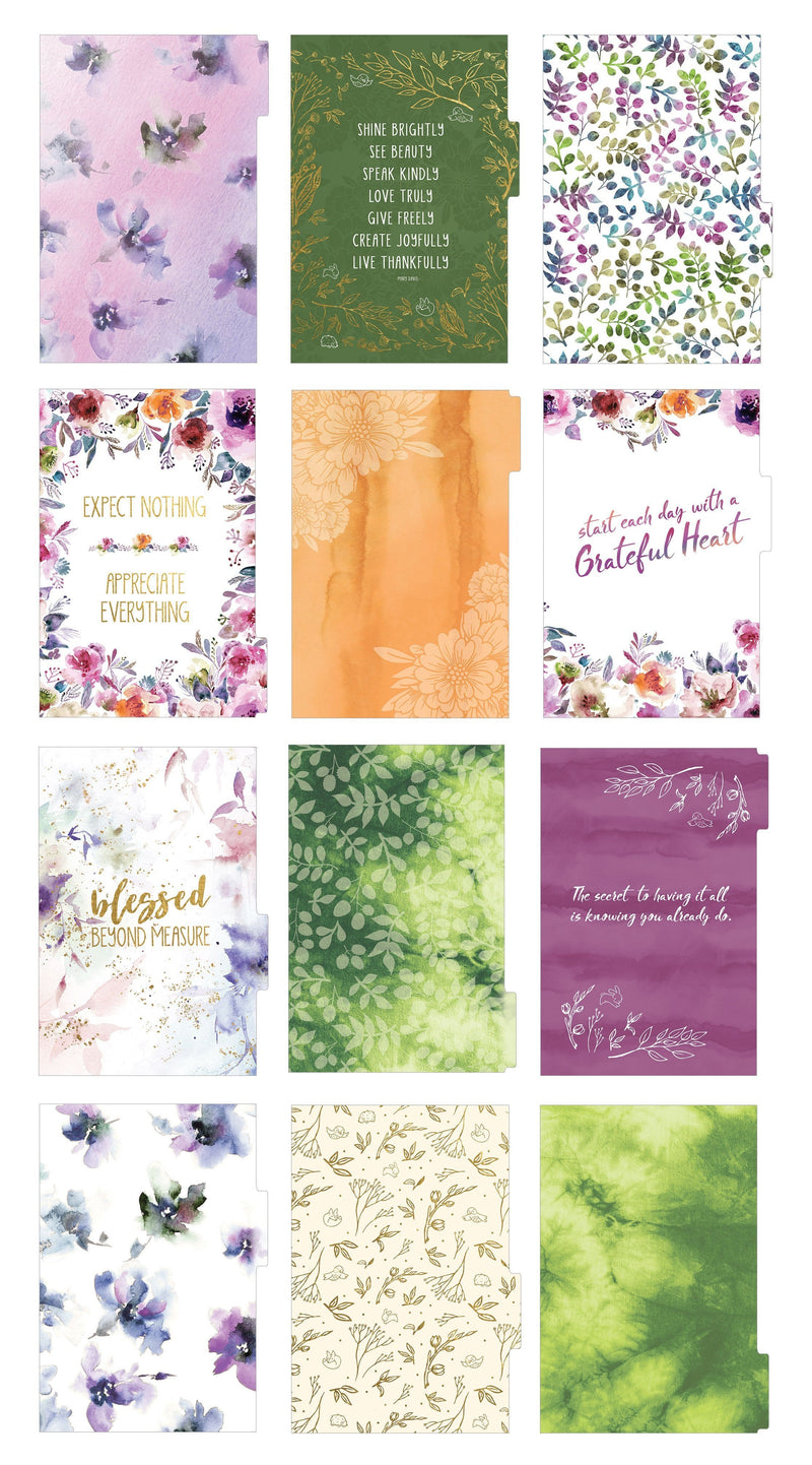 Thankful, grateful, blessed mini weekly planner set image showing twelve floral dividers.