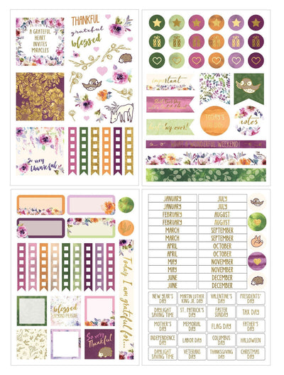 Thankful, grateful, blessed mini weekly planner set image featuring four colorful sticker sheets.