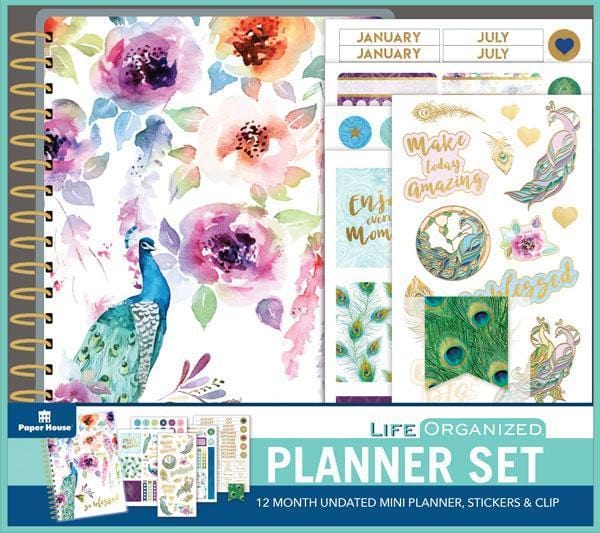 Peacock mini weekly planner set shows package featuring floral cover and multiple sticker sheets.