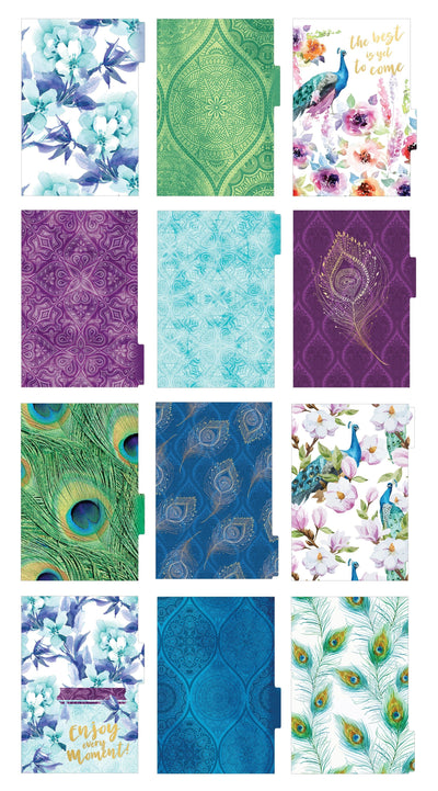 Peacock mini weekly planner set image showing twelve colorful dividers.