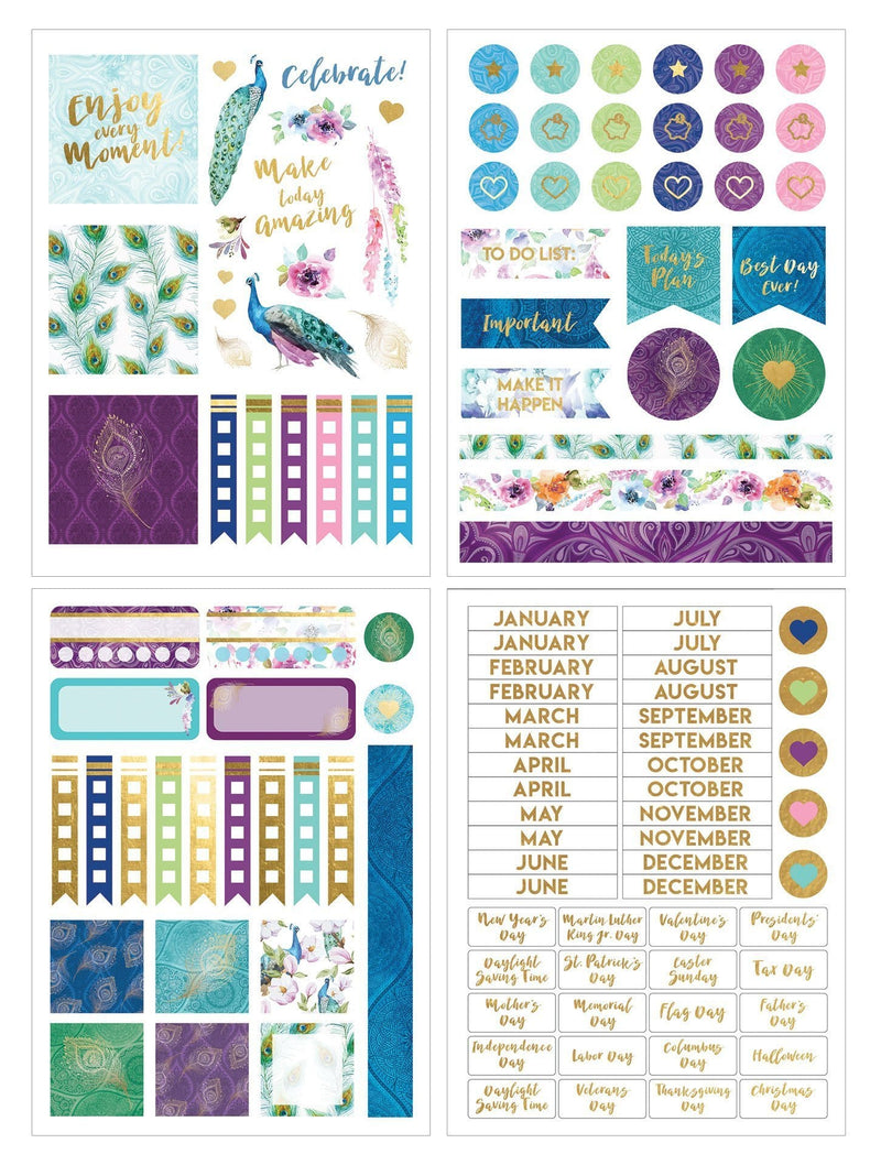 Peacock mini weekly planner set image featuring four colorful sticker sheets.