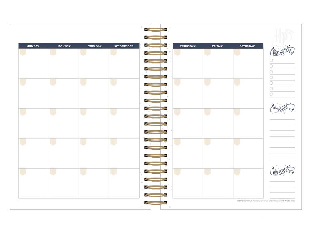 Harry Potter planner monthly spread shown open on white background.