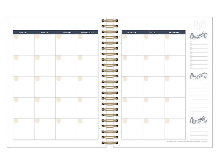 Harry Potter planner monthly spread shown open on white background.