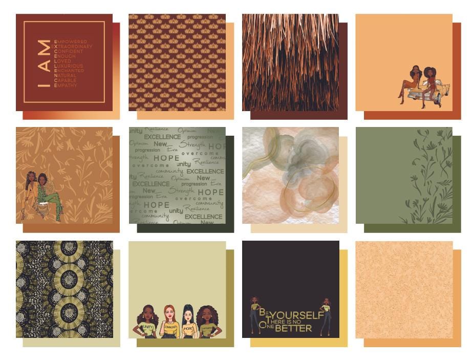 scrapbook paper pack elements are shown in this image featuring twelve squares of sage, gold and rust illustrations and patterns with diverse women and inspirational sentiments, overlapping solid color squares.