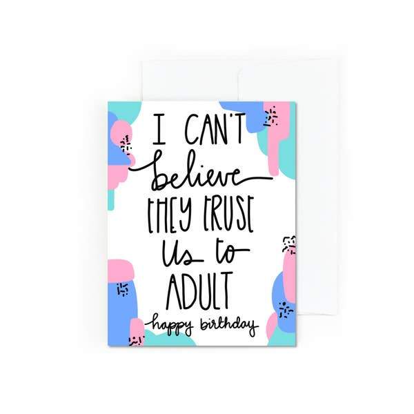 birthday card featuring adult sentiment on illustrated pastel background by pretty peacock paperie is shown on a white background.