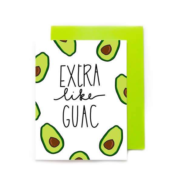 note card featuring illustrated avocados on white background with green envelope, shown on white background.
