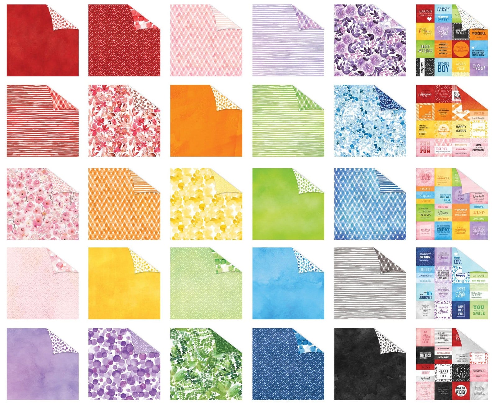 PSET-0001E - Scrapbook Paper - Colorways 30 Sheet Bundle - Grid of 30 double-sided scrapbook sheets in various colors and patterns including florals, stripes, and solids