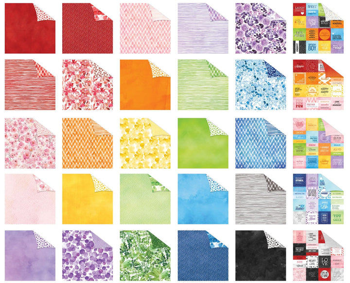 PSET-0001E - Scrapbook Paper - Colorways 30 Sheet Bundle - Grid of 30 double-sided scrapbook sheets in various colors and patterns including florals, stripes, and solids