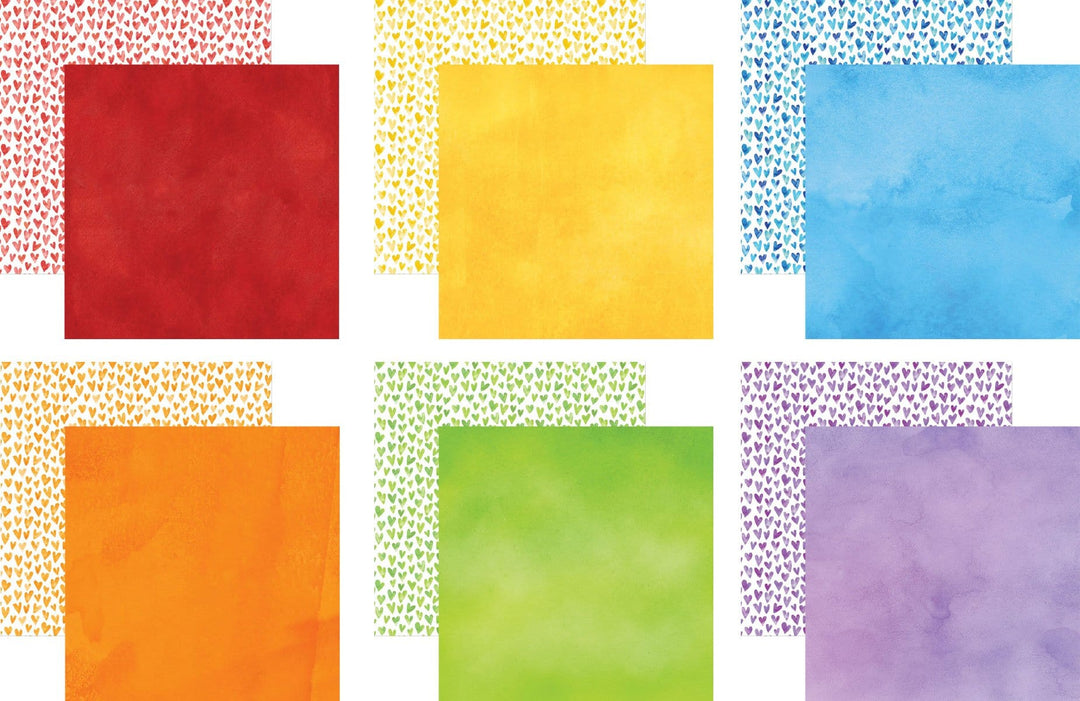 PSET-0001E - Scrapbook Paper - Colorways 30 Sheet Bundle - Six colored cardstock sheets with matching heart-patterned overlays in red, yellow, blue, orange, green, and purple