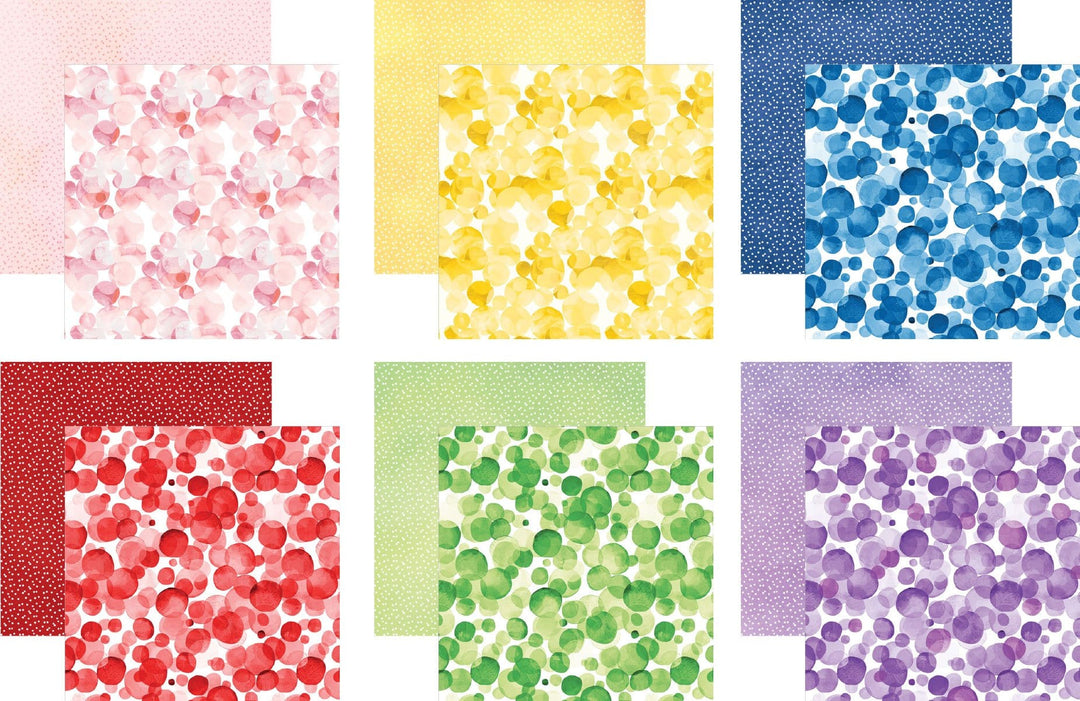 PSET-0001E - Scrapbook Paper - Colorways 30 Sheet Bundle - Six colorful scrapbook paper designs featuring circles on solid dotted backgrounds in pink, yellow, blue, red, green, and purple