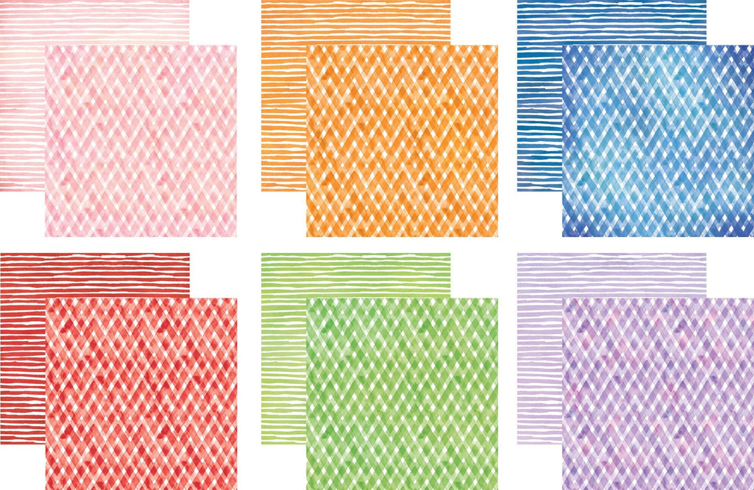 PSET-0001E - Scrapbook Paper - Colorways 30 Sheet Bundle - Six assorted scrapbook paper sheets in pink, orange, blue, red, green, and purple with striped and diamond patterns