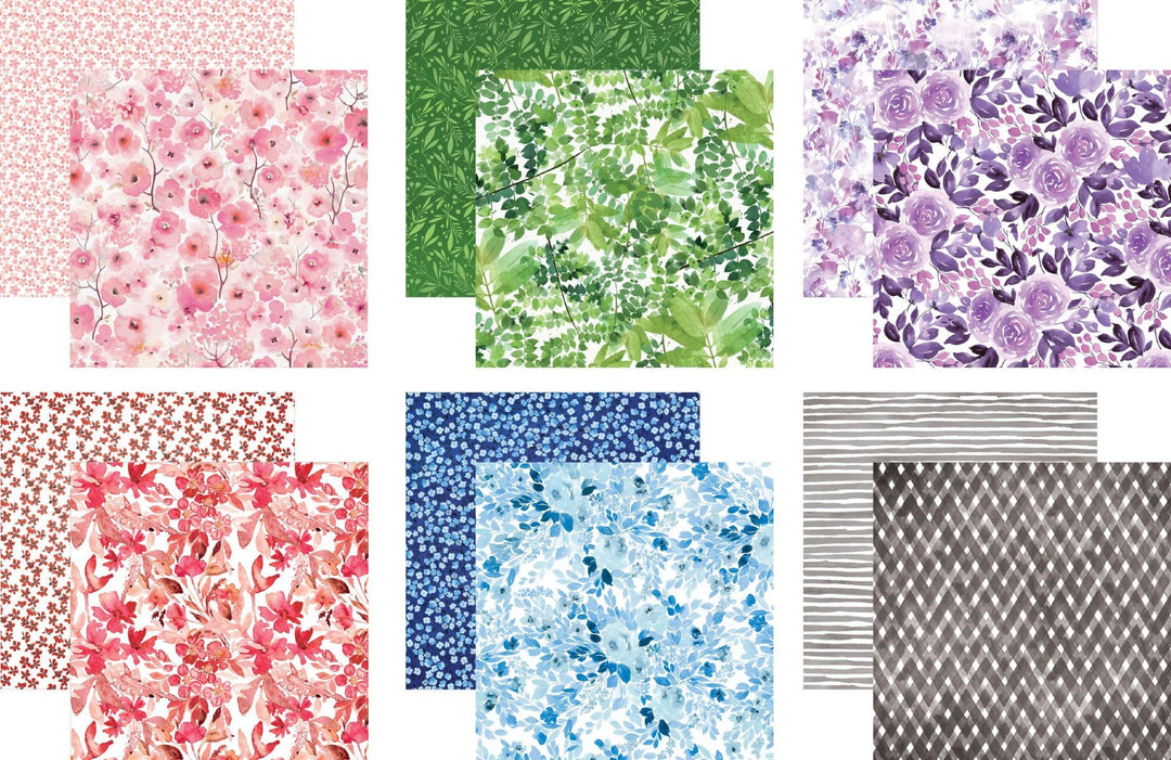 PSET-0001E - Scrapbook Paper - Colorways 30 Sheet Bundle - Six coordinated scrapbook paper sheets in pink, green, purple, red, blue, and gray with floral and geometric patterns