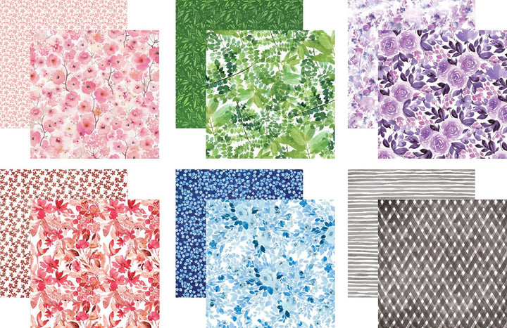 PSET-0001E - Scrapbook Paper - Colorways 30 Sheet Bundle - Six coordinated scrapbook paper sheets in pink, green, purple, red, blue, and gray with floral and geometric patterns