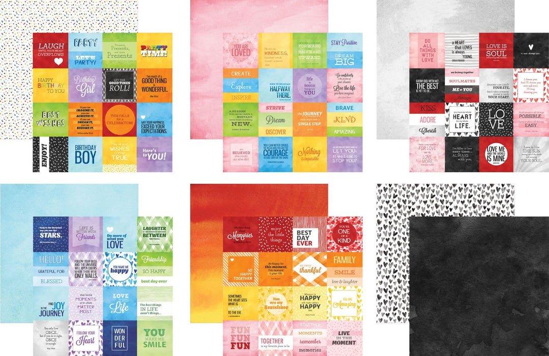 PSET-0001E - Scrapbook Paper - Colorways 30 Sheet Bundle - 30 sheets of colorful scrapbook paper featuring inspirational quotes and messages on various backgrounds including polka dots, watercolor, hearts, and solid colors