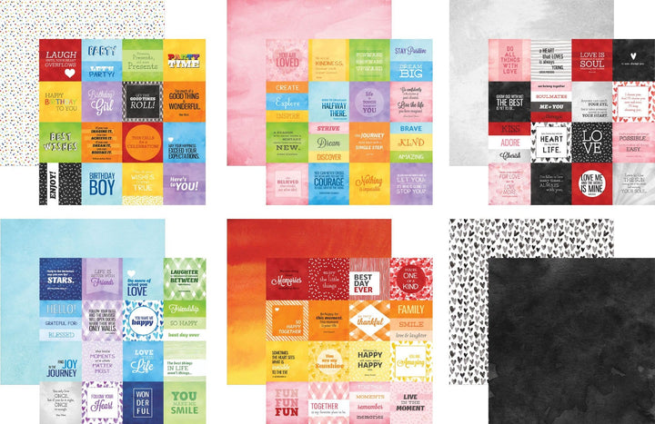PSET-0001E - Scrapbook Paper - Colorways 30 Sheet Bundle - 30 sheets of colorful scrapbook paper featuring inspirational quotes and messages on various backgrounds including polka dots, watercolor, hearts, and solid colors