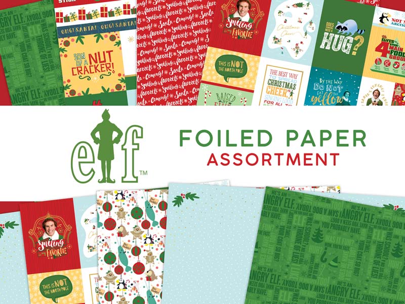 PSET-0003E - Scrapbook Paper Set - Elf - Foiled paper assortment featuring red, green, and white holiday-themed designs with festive patterns and Elf branding