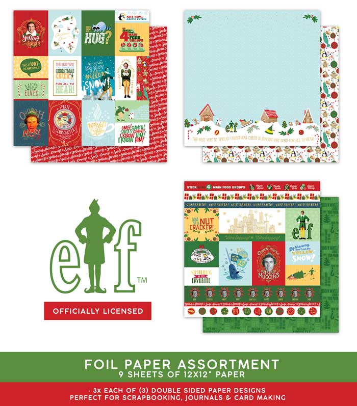 PSET-0003E - Scrapbook Paper Set - Elf - Foil paper assortment featuring 9 sheets of 12x12" double-sided Christmas-themed scrapbook paper in red, green, and blue designs