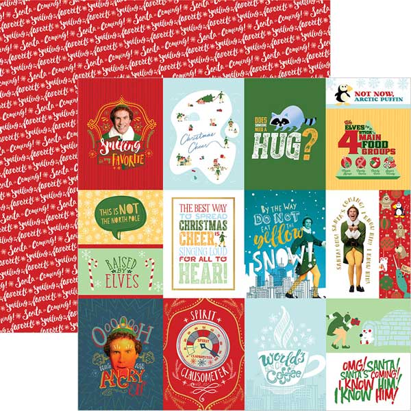 PSET-0003E - Scrapbook Paper Set - Elf - Colorful scrapbook paper pad featuring festive holiday and Elf movie-themed designs with red, green, blue, and yellow patterned sheets