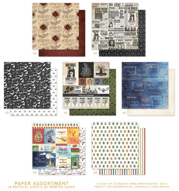 Thumbnail images of each of the seven Harry Potter scrapbook papers included in set