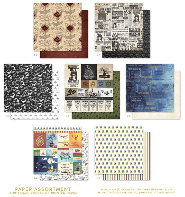 Thumbnail images of each of the seven Harry Potter scrapbook papers included in set