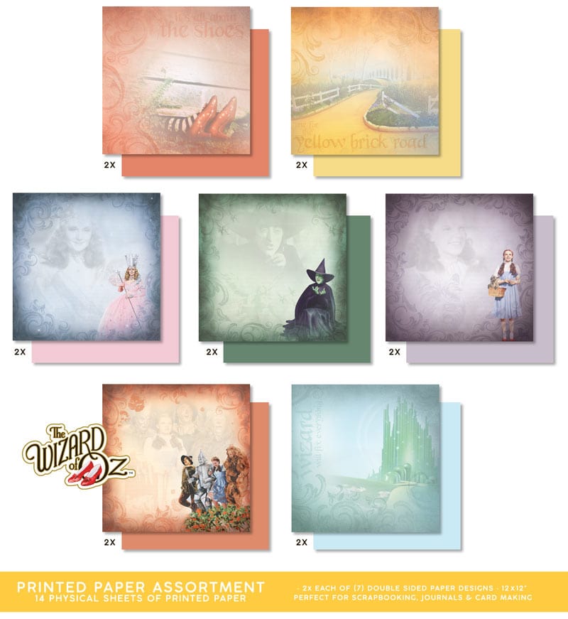 PSET-0007E - Scrapbook Paper Set - Wizard of Oz - Seven double-sided scrapbook paper designs featuring Wizard of Oz themes in coral, yellow, pink, green, and blue tones