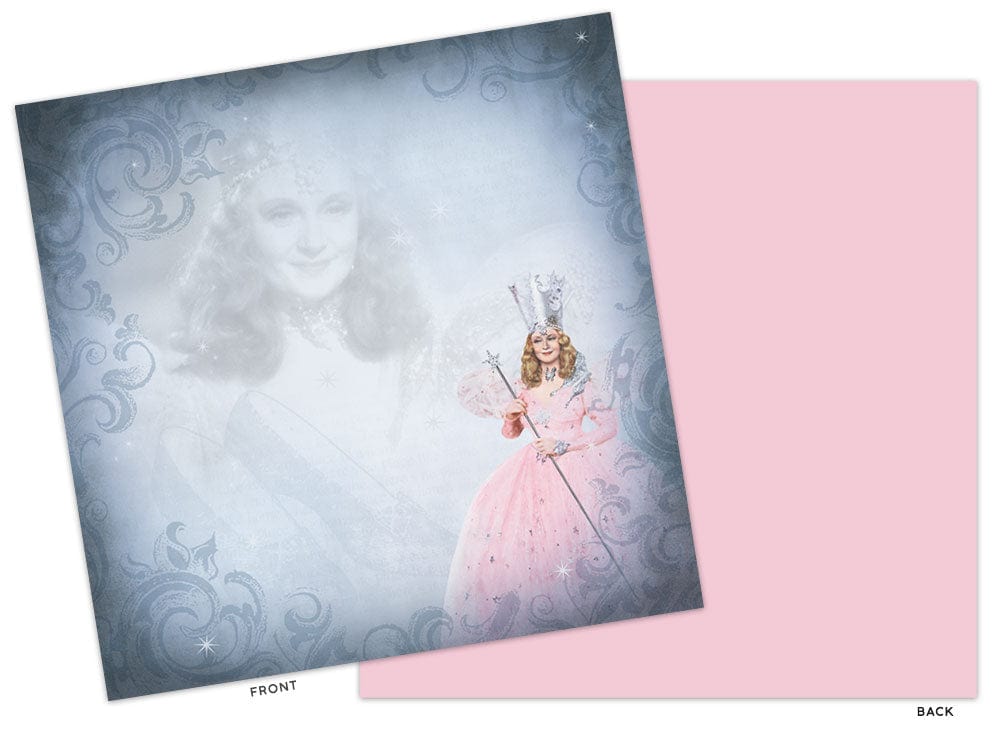 PSET-0007E - Scrapbook Paper Set - Wizard of Oz - Two-sided scrapbook paper set showing front design with Good Witch in pink gown and crown, and solid pink back