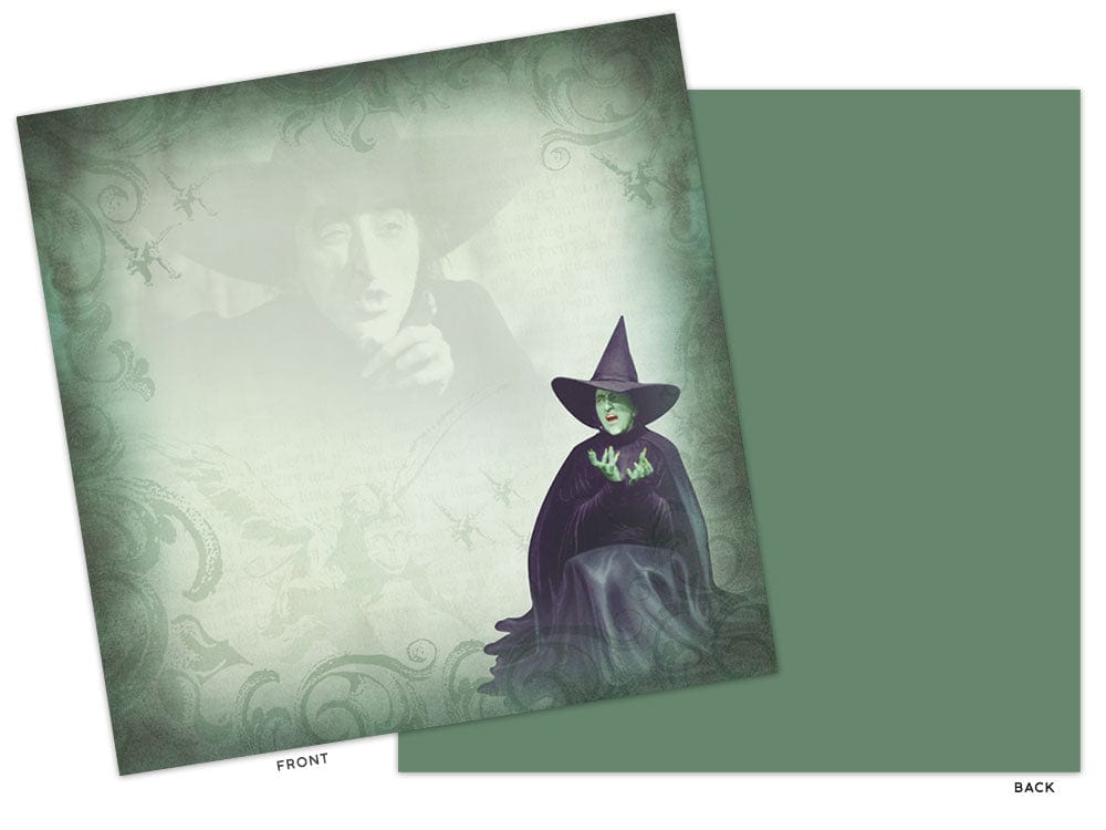 PSET-0007E - Scrapbook Paper Set - Wizard of Oz - Two-sided scrapbook paper showing the Wicked Witch in purple with a pointed hat on the front and solid green back