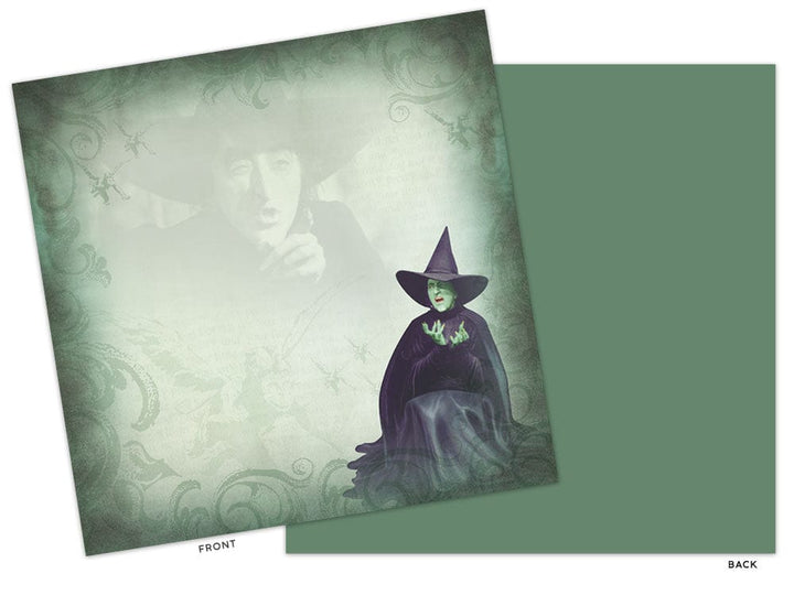 PSET-0007E - Scrapbook Paper Set - Wizard of Oz - Two-sided scrapbook paper showing the Wicked Witch in purple with a pointed hat on the front and solid green back