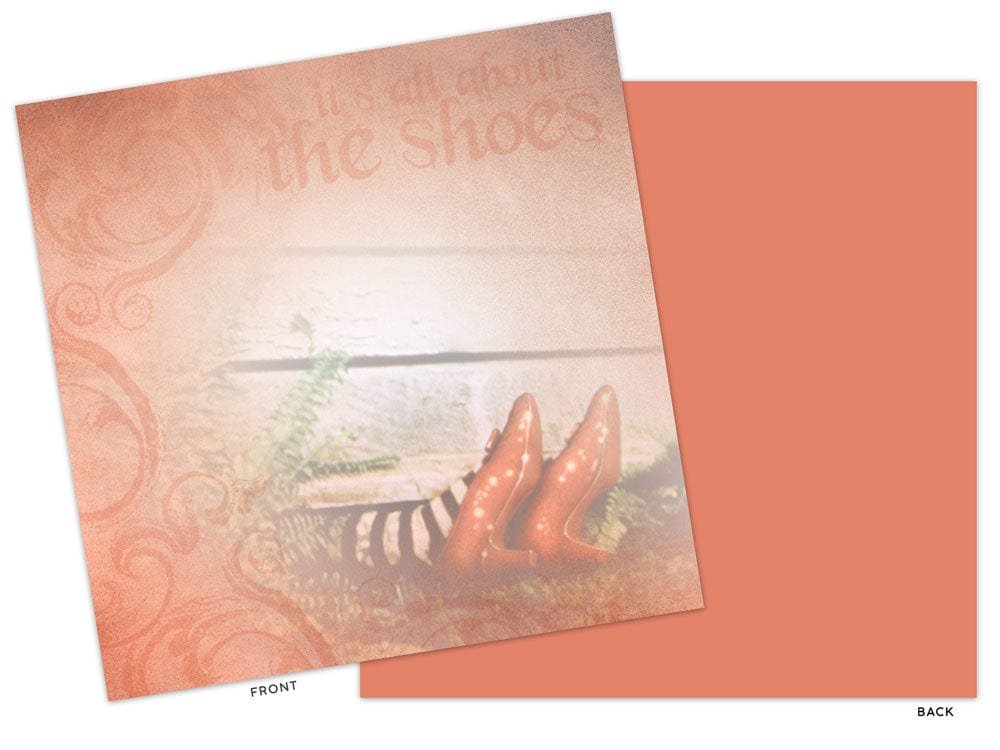 PSET-0007E - Scrapbook Paper Set - Wizard of Oz - Two-sided scrapbook paper featuring red heeled shoes with decorative ornamental border and solid coral back