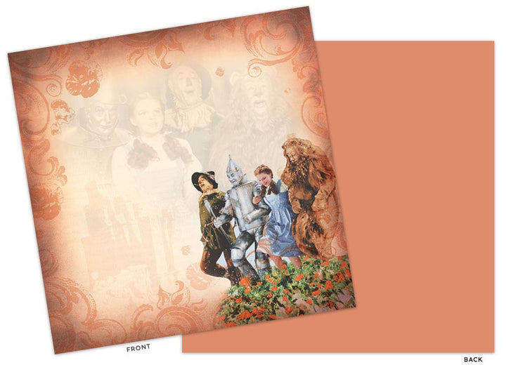 PSET-0007E - Scrapbook Paper Set - Wizard of Oz - Two-sided scrapbook paper with sepia-toned ornamental border, vintage characters, and red flowers on coral background