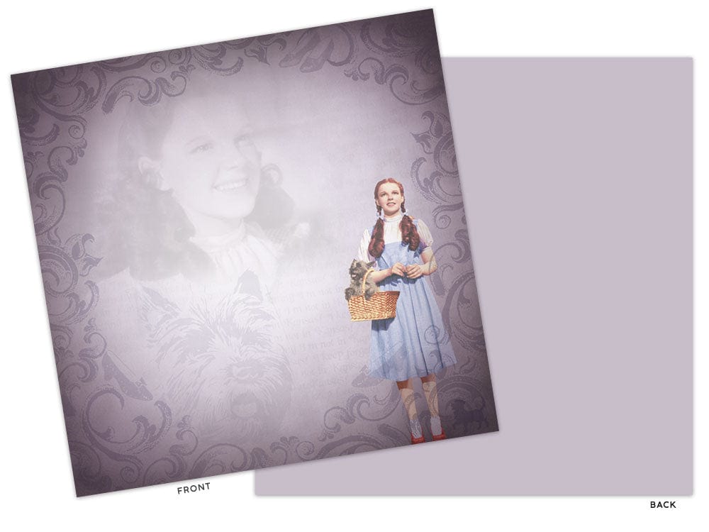 PSET-0007E - Scrapbook Paper Set - Wizard of Oz - Folded scrapbook paper showing front and back sides with ornate purple damask borders and Dorothy from Wizard of Oz holding a basket