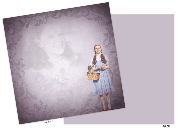PSET-0007E - Scrapbook Paper Set - Wizard of Oz - Folded scrapbook paper showing front and back sides with ornate purple damask borders and Dorothy from Wizard of Oz holding a basket
