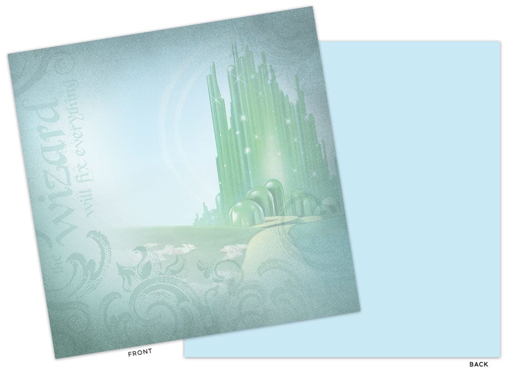 PSET-0007E - Scrapbook Paper Set - Wizard of Oz - Two-sided scrapbook paper featuring the Emerald City with ornate decorative borders on a soft green and blue background