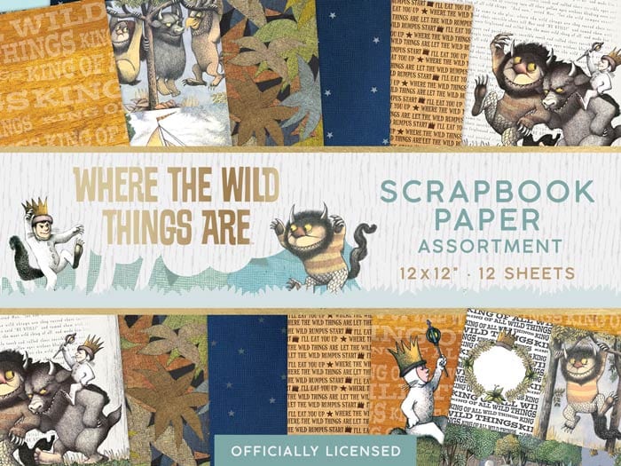PSET-0008E - Scrapbook Paper Set - Where the Wild Things Are - Package display of 12x12" scrapbook paper sheets featuring illustrated characters, text patterns, and coordinating designs in blue, gold, and tan tones