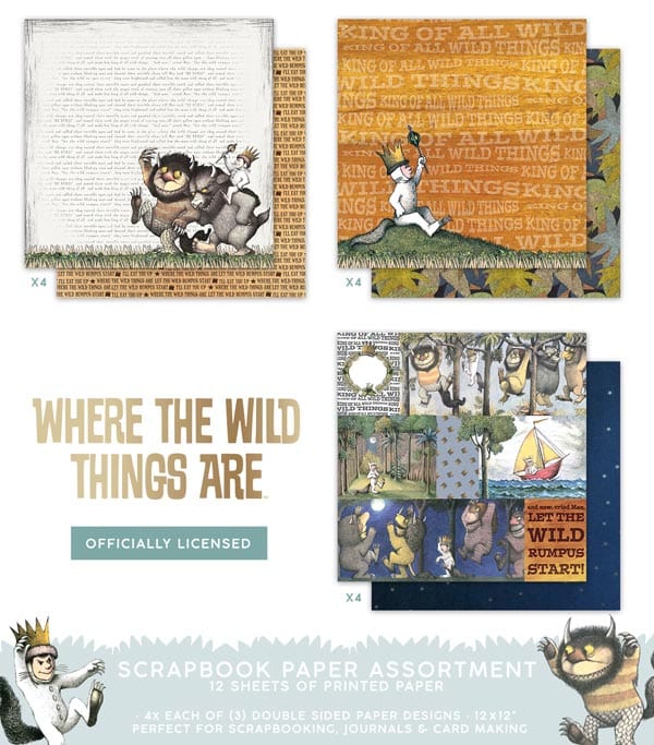 PSET-0008E - Scrapbook Paper Set - Where the Wild Things Are - Officially licensed scrapbook paper assortment featuring character illustrations and gold text on cream, tan, and navy backgrounds