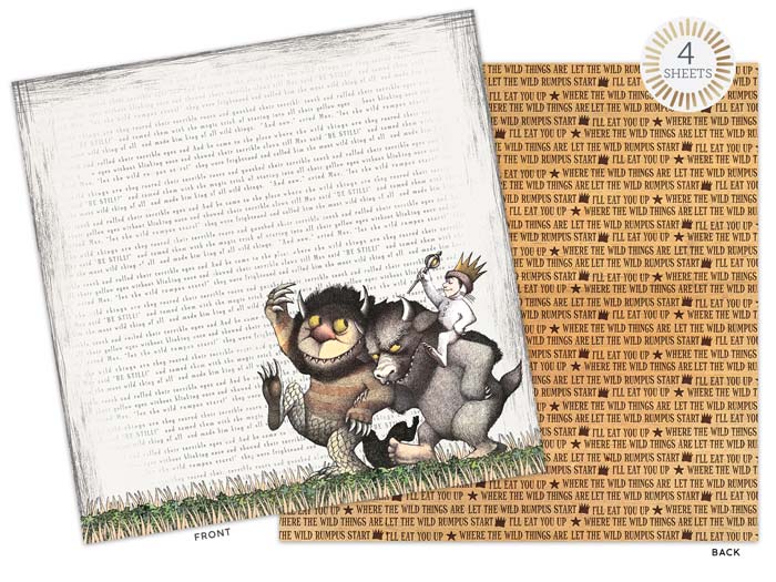 PSET-0008E - Scrapbook Paper Set - Where the Wild Things Are - Two sheets of scrapbook paper featuring wild creatures and repeated text in brown and tan tones