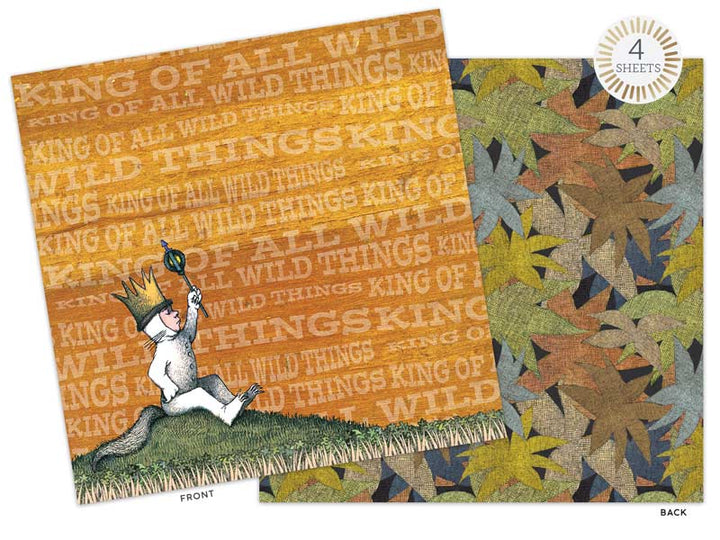 PSET-0008E - Scrapbook Paper Set - Where the Wild Things Are - Front and back of scrapbook paper set featuring orange text background and colorful leaf pattern design with illustrated character wearing crown