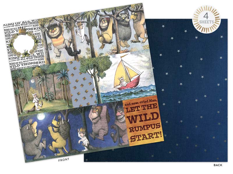 PSET-0008E - Scrapbook Paper Set - Where the Wild Things Are - Two-sheet scrapbook paper set featuring wild creatures and forest scenes on front, navy starry night sky on back