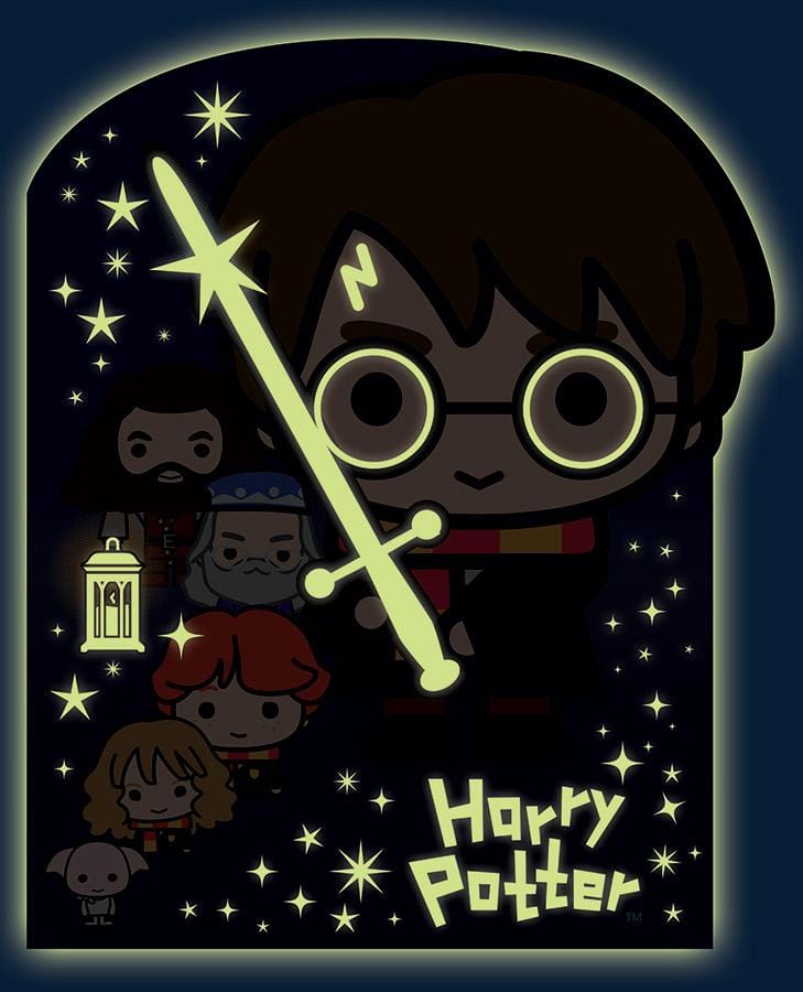 PUZ-7016E - Mini Jigsaw Puzzle - Harry Potter Glow in the Dark - Glow-in-the-dark puzzle box art featuring chibi Harry Potter with wand, surrounded by stars and fellow characters on dark blue background