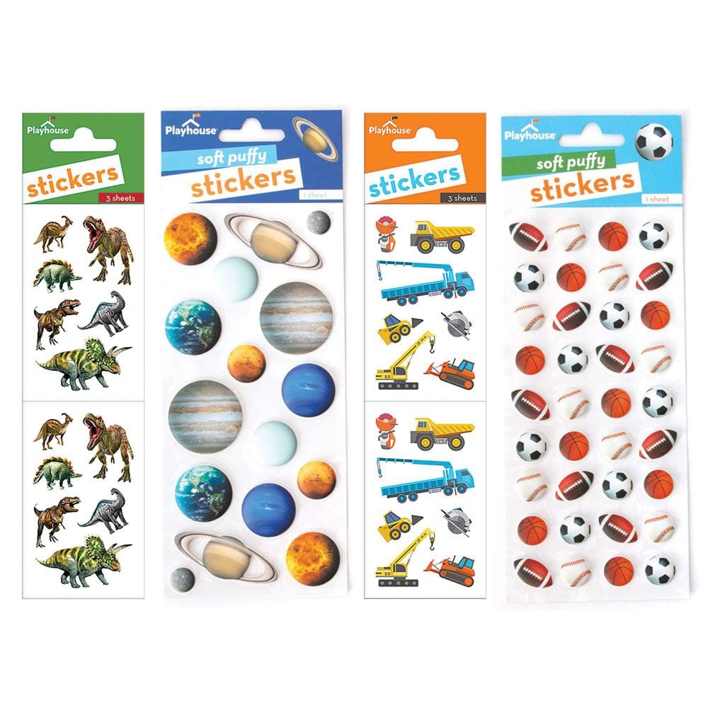 SET-0022E - Sticker Set - Crazy Cool Bundle - Four Playhouse sticker sheet packages featuring dinosaurs, planets, construction vehicles, and sports balls in puffy soft designs