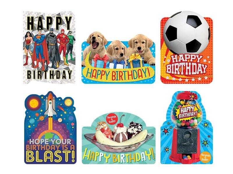 birthday card set featuring six colorful kids birthday cards shown on white background.