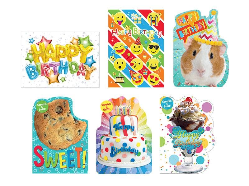 birthday card set featuring six colorful kids birthday cards shown on white background.